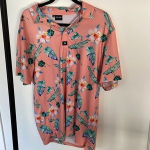 Never worn men’s large Bad Birdie golf polo Hawaiian floral print salmon color